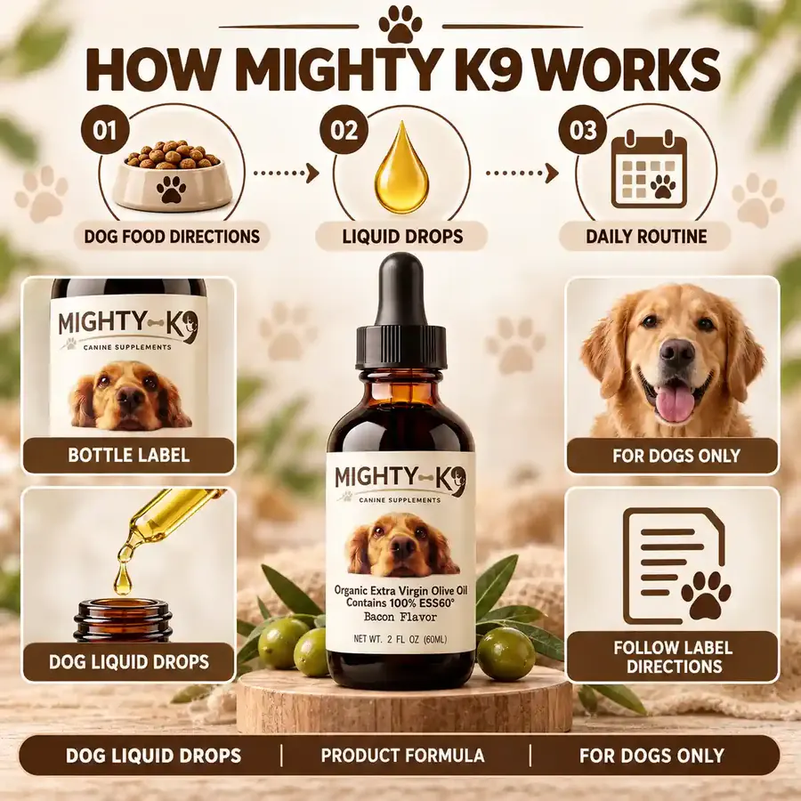 Brand graphic titled How Mighty K9 Works with three numbered steps and four tiles around the bottle