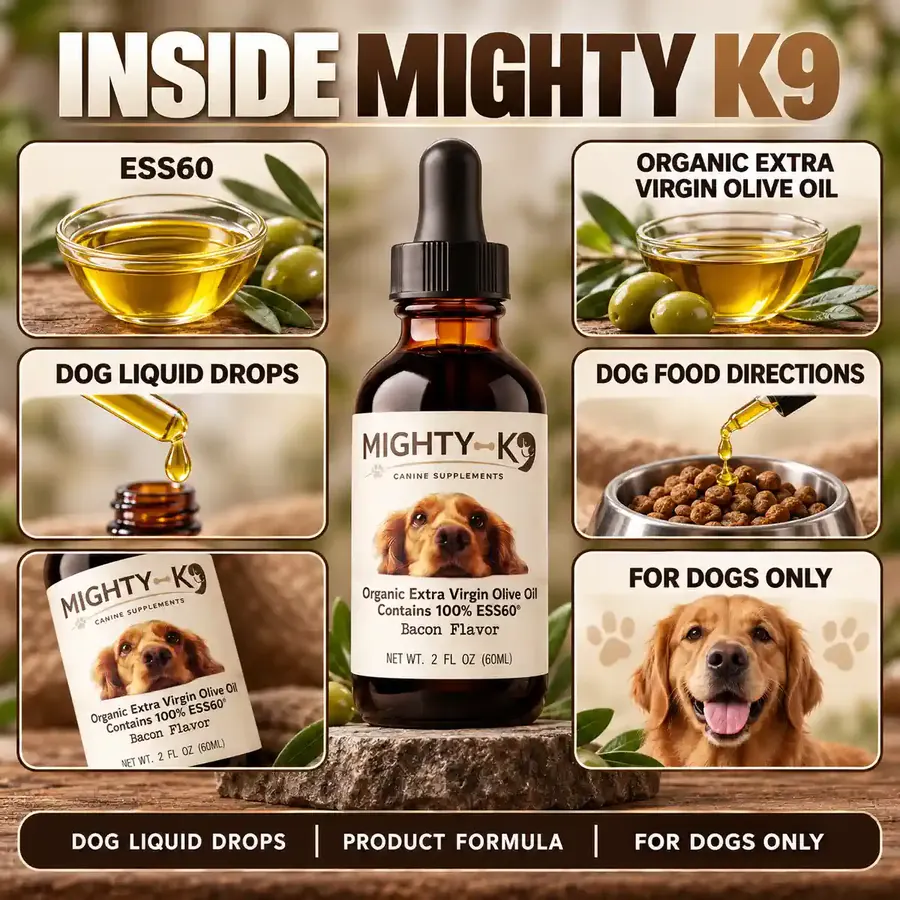 Brand graphic titled Inside Mighty K9: an amber dropper bottle on a stone, with tiles for ESS60, organic extra virgin olive oil, dog liquid drops, dog food directions and for dogs only
