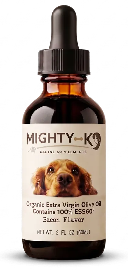 1 amber dropper bottle of Mighty K9, 60 mL each, with a cream label showing a spaniel