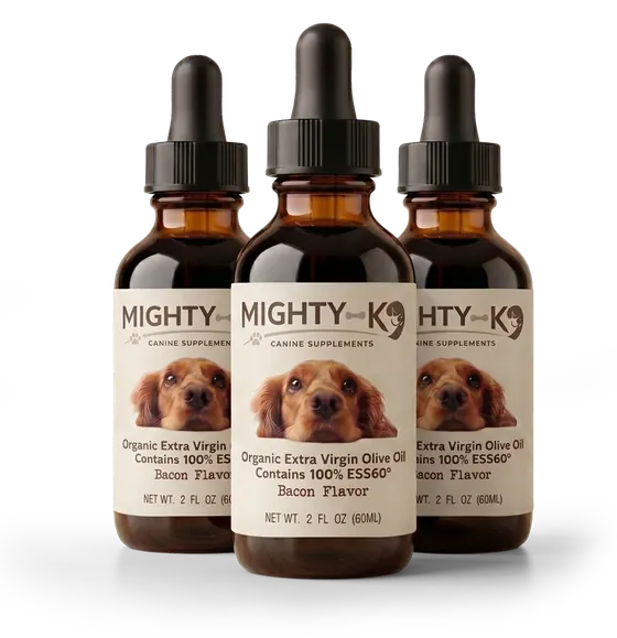 3 amber dropper bottles of Mighty K9, 60 mL each, with a cream label showing a spaniel