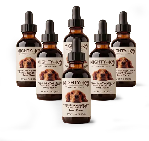 6 amber dropper bottles of Mighty K9, 60 mL each, with a cream label showing a spaniel