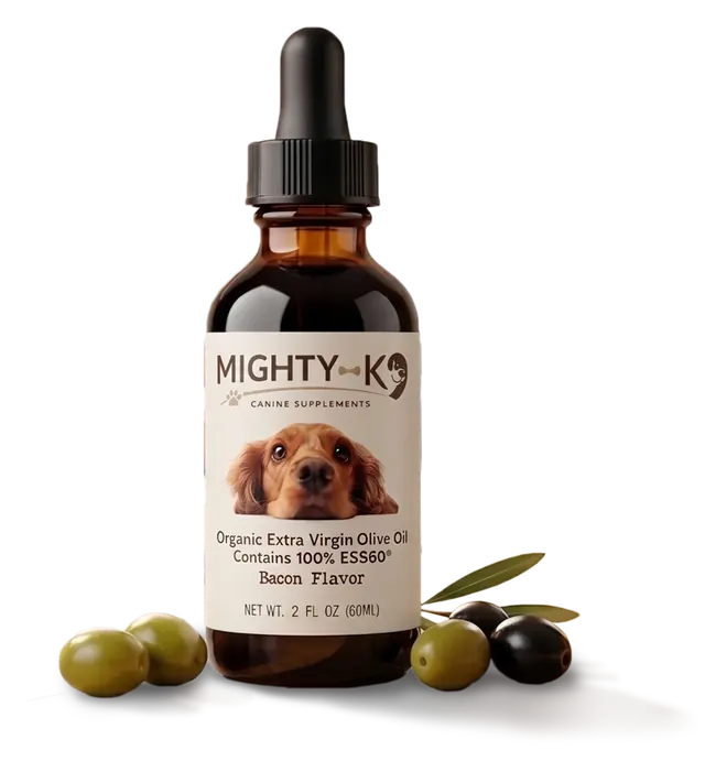 Organic extra virgin olive oil: a Mighty K9 bottle beside an olive branch and green olives
