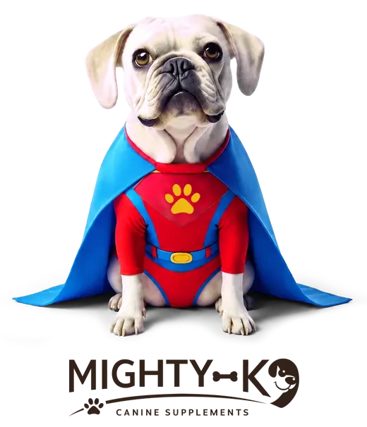 The Mighty K9 mascot: a bulldog in a red superhero suit and blue cape