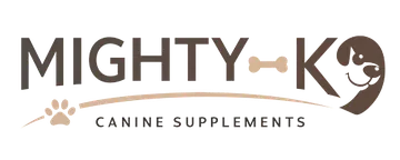 MIGHTY-K9 Canine Supplements wordmark as printed on the bottle