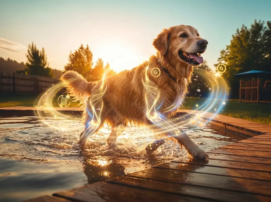 A golden retriever running through a shallow puddle on a deck at sunset, with light trails behind it