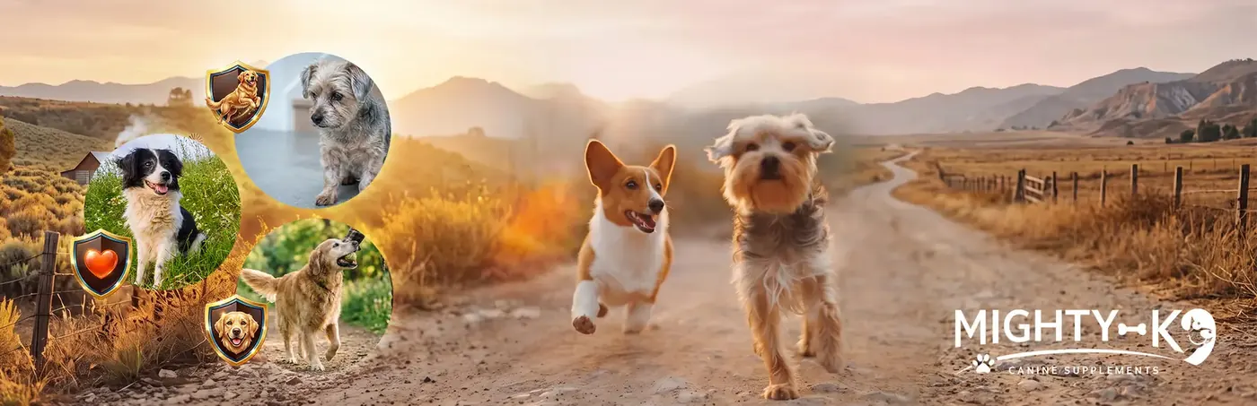 A corgi and a small terrier trotting down a dirt ranch road at sunset, with round dog photos and shield icons on the left and the MIGHTY-K9 wordmark on the right